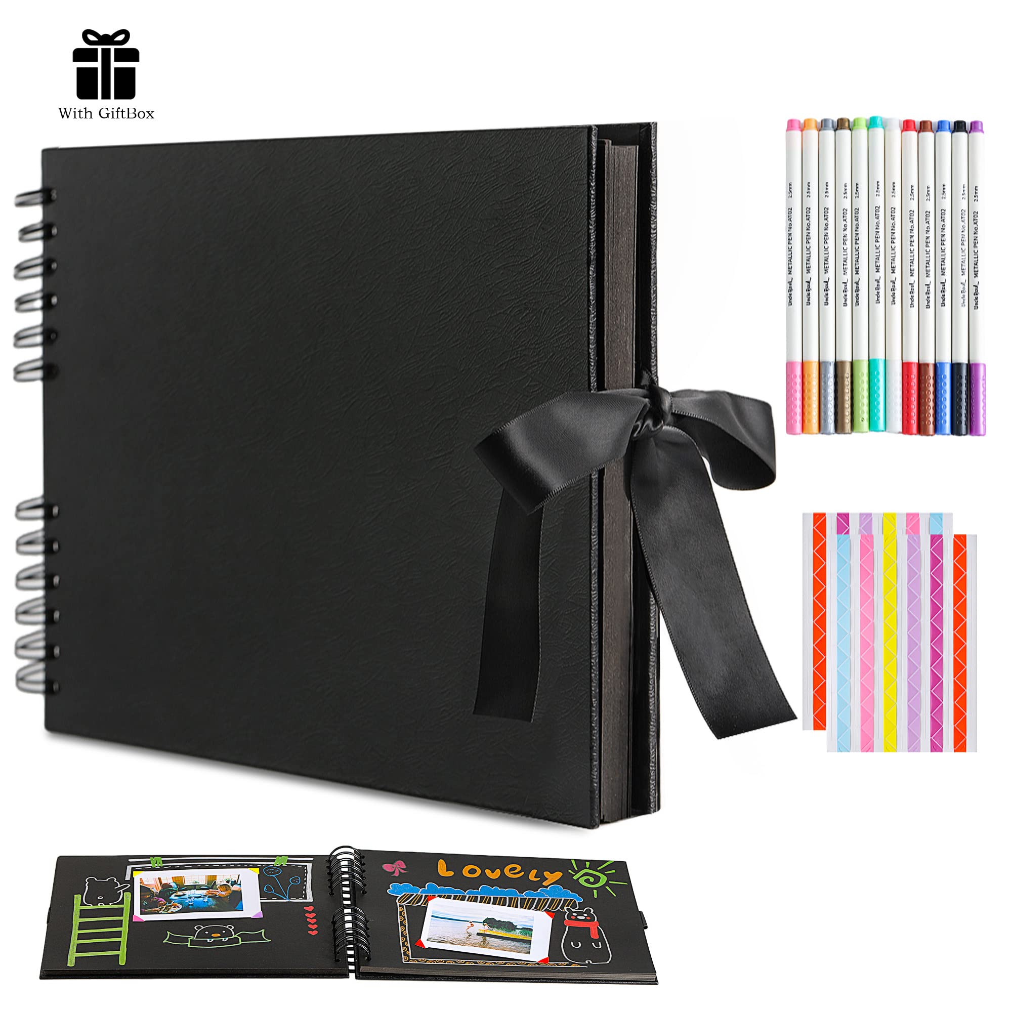 Scrapbook Photo Albums A4-80 Pages DIY Memory Album Our Adventure Book with DIY Accessory Kit Craft Paper 11.7x8.3 Inch for Wedding Anniversary Travel Black DS01bk