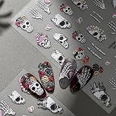 Halloween Nail Stickers for Nail Art Charm Skull Halloween Fingernail Nail Art Stickers Black 5D Embossed Nail Decals 3D Self-Adhesive Nails Supply Manicure Sliders for Nail Decoration