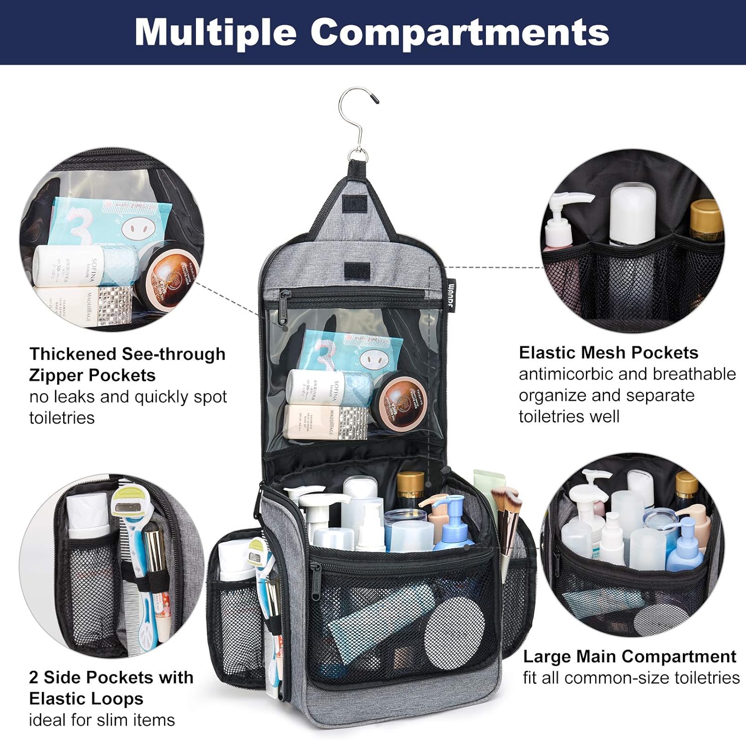 WANDF Toiletry Bag with Medicine Pocket Jewellery Bag and Clear Wet Separation Compartments Water-resistant Nylon Travel Shaving Dopp Kit Travel (Grey): Clothing