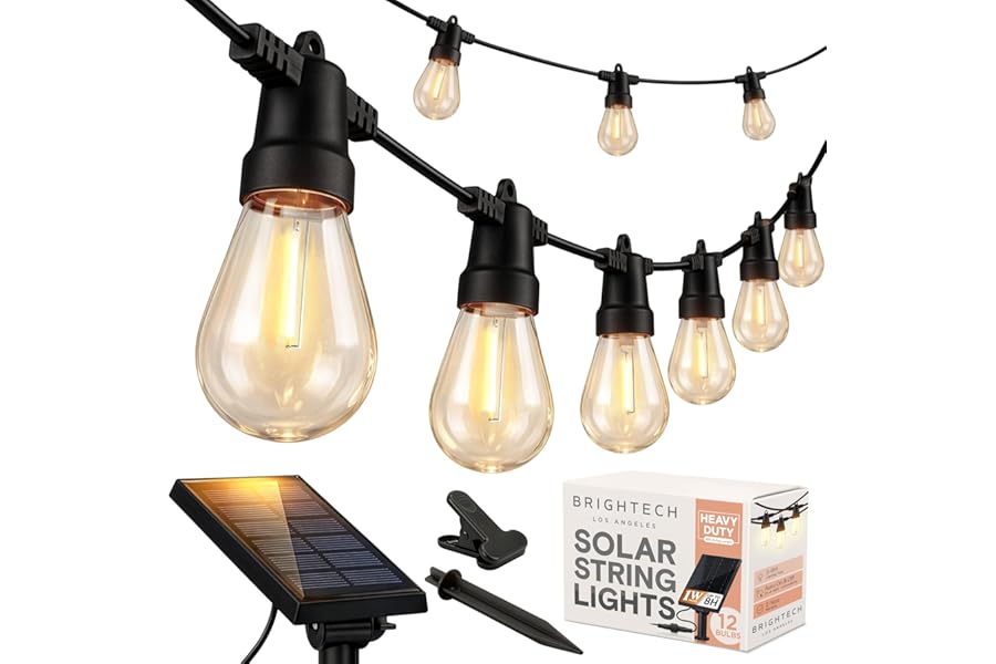 Brightech Ambience Pro Solar Powered Outdoor String Lights -27 ft Commercial Grade Waterproof Edison Patio Lights, Shatterproof LED String Lights for Outside, Porch - 12 Bulbs, 1W Soft White