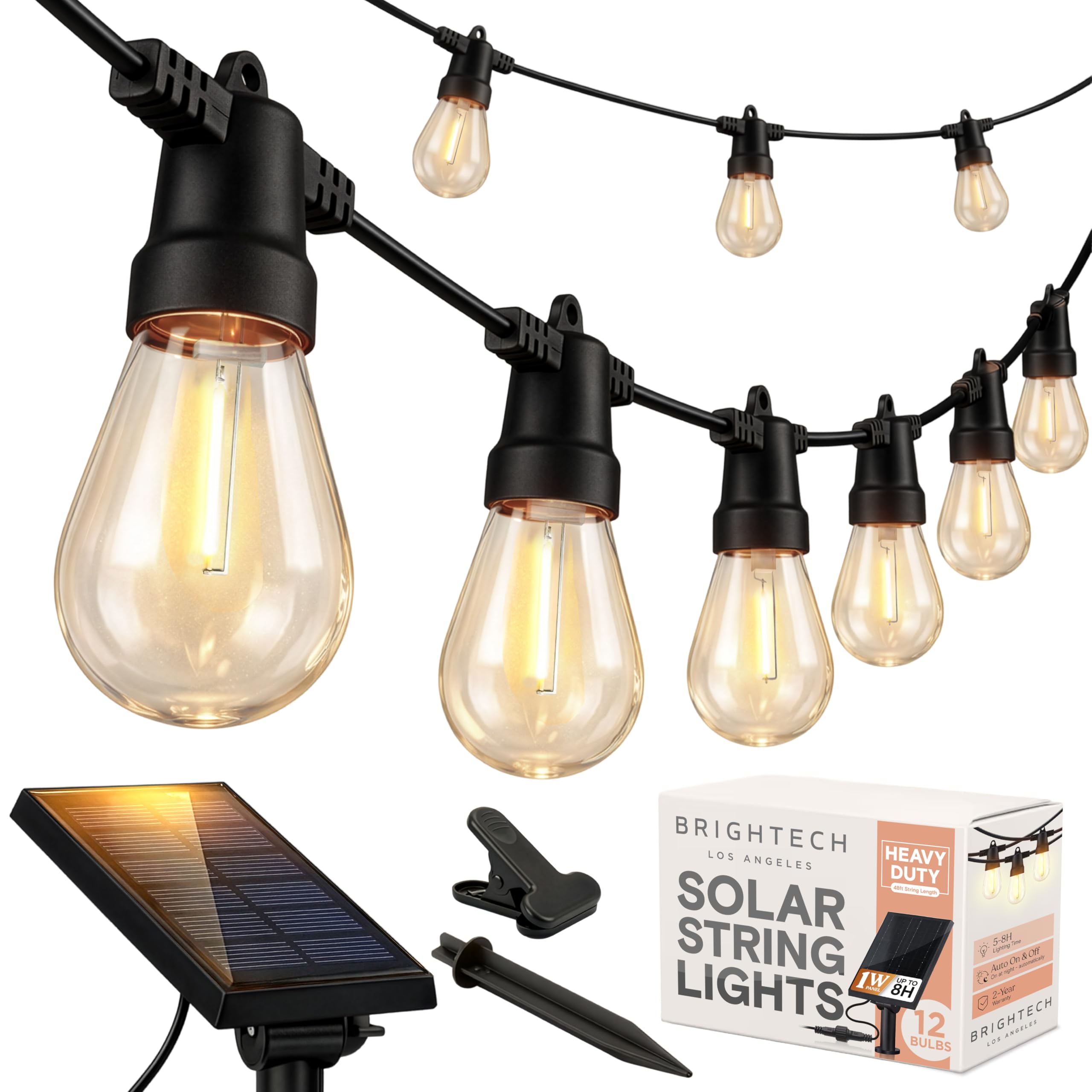 Brightech Ambience Pro - Waterproof, Solar Powered Outdoor String Lights - 8M Vintage Edison Bulbs Create Bistro Ambience On Your Patio - Commercial Grade, Shatterproof - 1W LED, Soft White Light — image 1