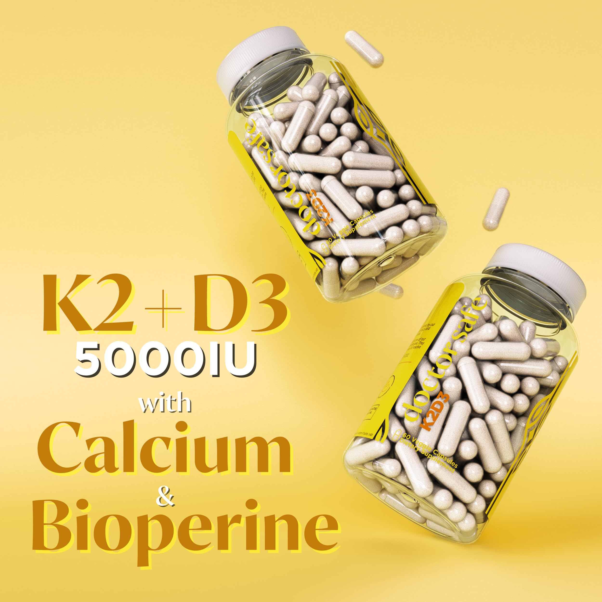 Vitamin D3 K2 with Calcium & BioPerine MK7 + D3 5000iu US-Made Non-GMO Gluten-Free Soy- Free (60 Capsules - 2 Month Supply)