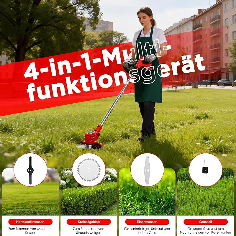 Akku-Rasentrimmer mit 2 * 21V Akku, 4 Messer, dreifach klappbarer Mäher, Rasenmäher, Akku-Gartenmäher für Rasen, Sträucher und Büsche. (Orange-FBA) — Foto 3 von 8