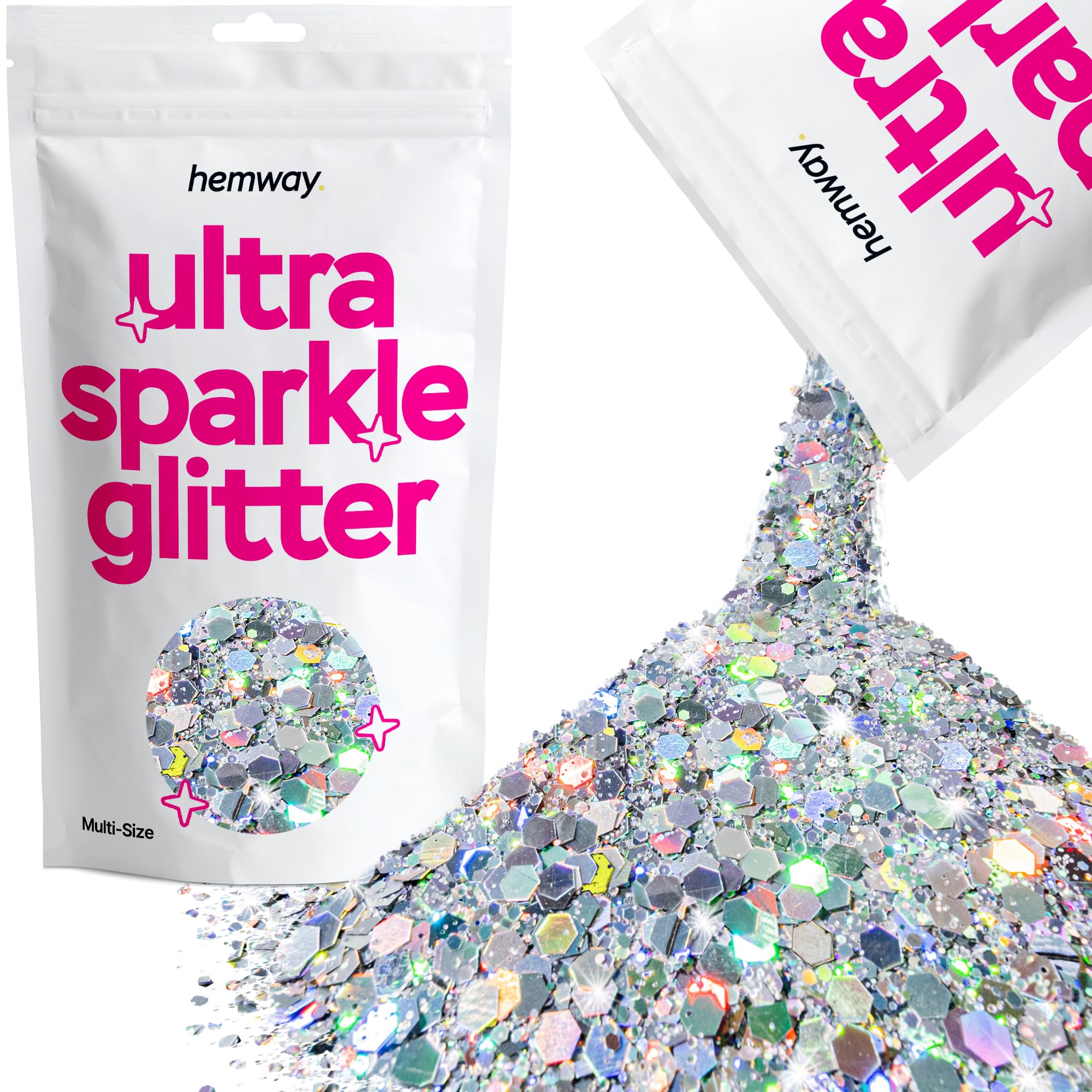 Hemway Ultra Sparkle Glitter Silver Holographic 100g Multi Size | Glitter for Arts & Craft, Makeup, Nail Art, Crafting, Card Making, Sparkle Decoration