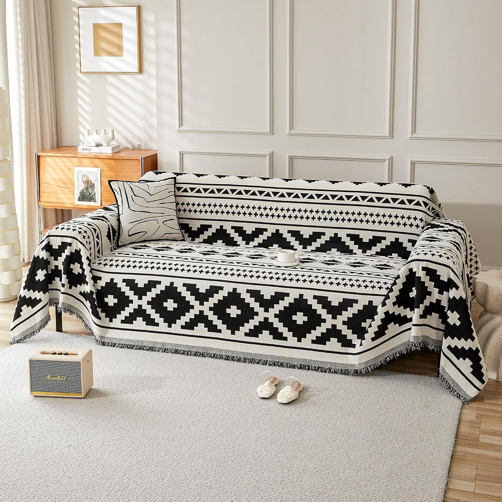 SHANNA Geometric Chenille Sofa Cover 2 3 4 Seater Tassel AB Sided