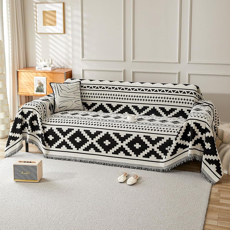SHANNA Geometric Chenille Sofa Cover 2 3 4 Seater Tassel AB Sided