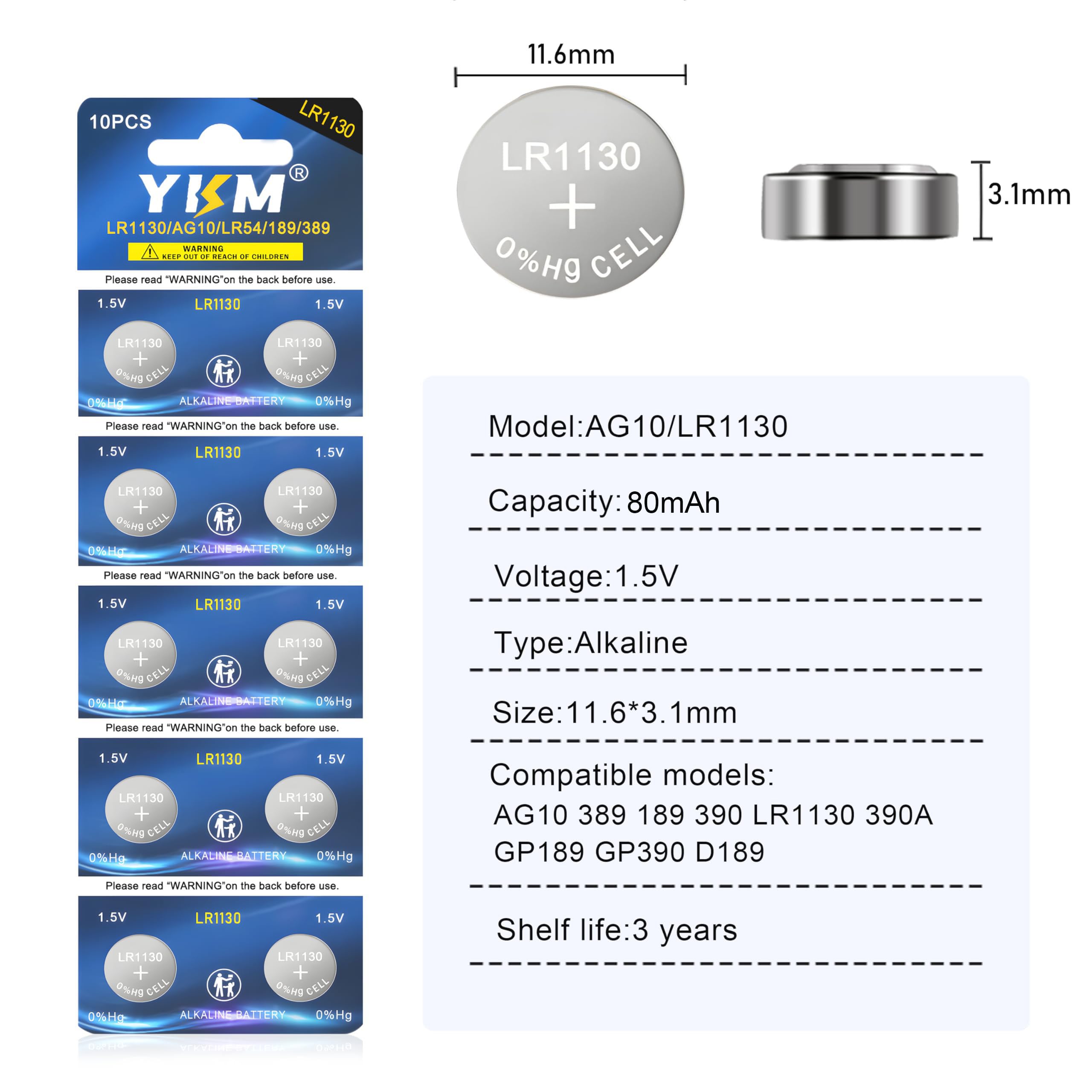 YKM 10 Pack LR1130 Battery AG10 L1131f L1131 L1131c 389 390 LR54 LR 1130 1.5V Alkaline Batteries for Calculator Watch Battery
