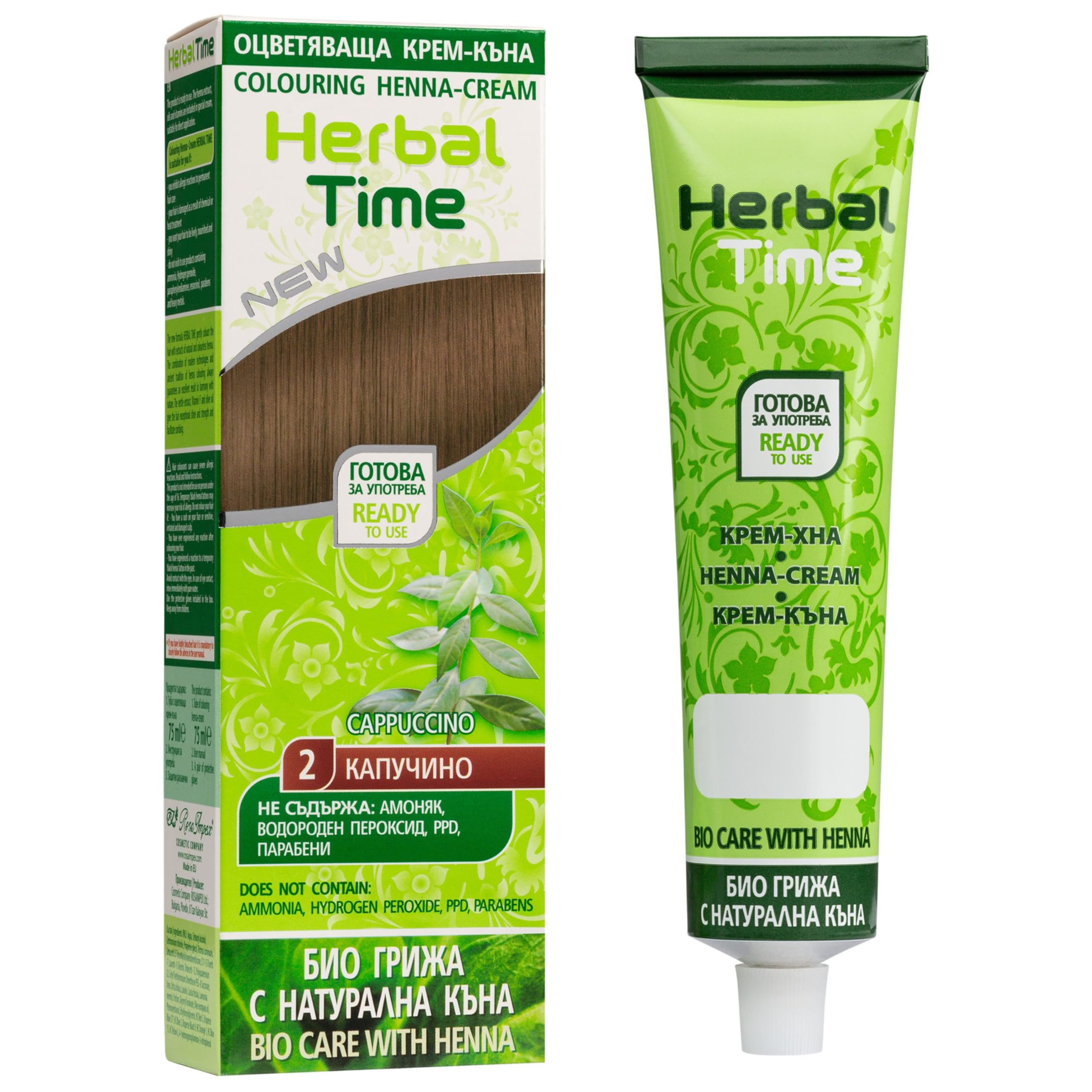 Herbal Time Henna Natural Color Cappuccino Nº 2 | Coloring Cream With Nettle Extract | Gray Hair Cover | Temporary Dye | Ammonia, Sulfates, Parabens Free | 75 ml