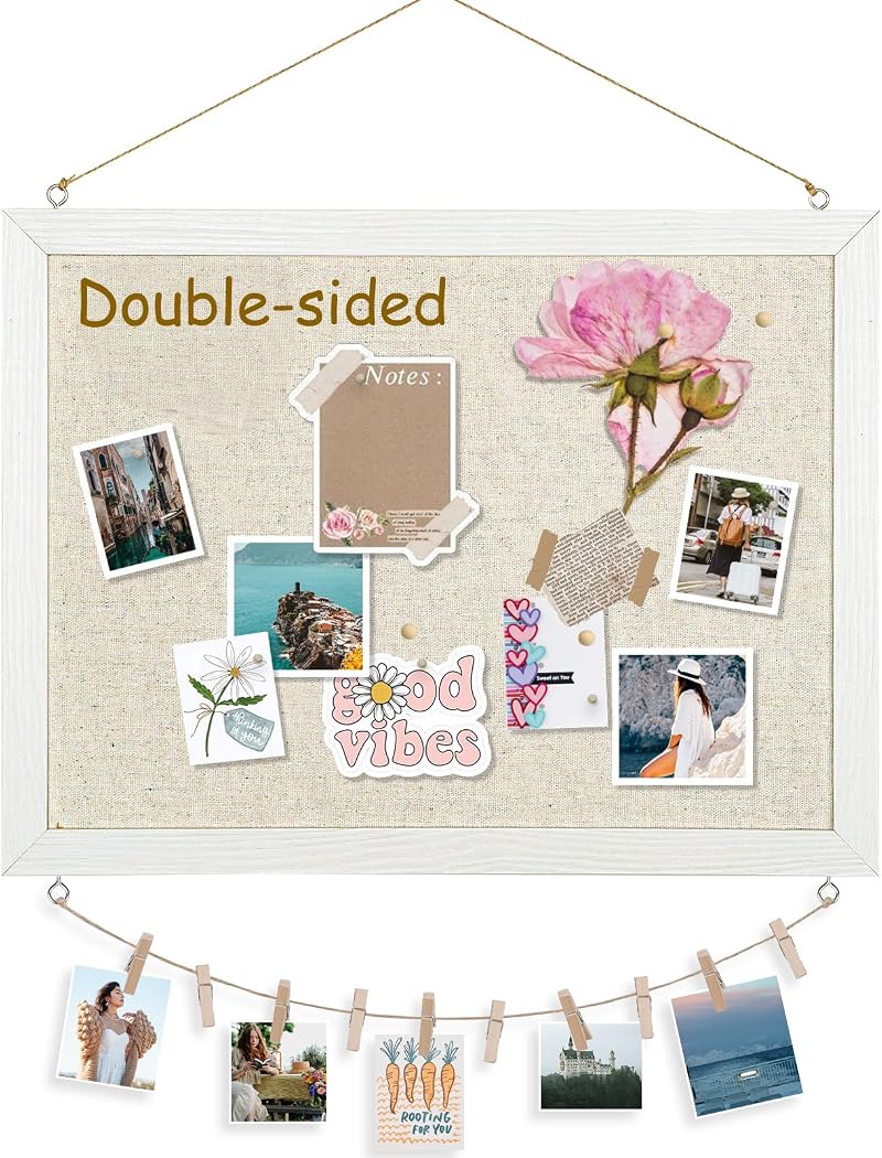 DOLLAR BOSS Cork Board Linen Double-Sided 30x40cm Wood Frame Wall Display Pin