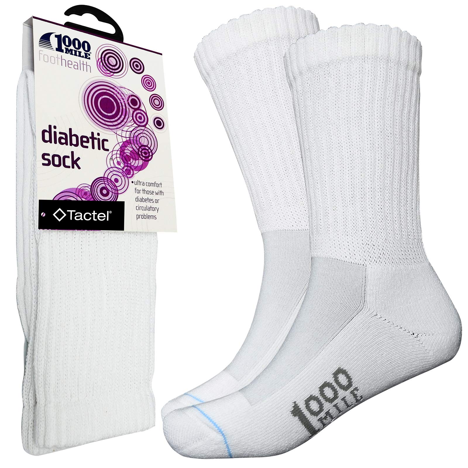 1000 Mile EXTRA-WIDE Comfort Loose Fit Mens Diabetic Cushioned Socks | Aid Circulation, Increase Blood Flow, Non-Binding | 2 Pair (White)- Size Medium UK6-8.5
