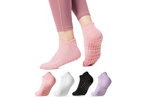 COOLMATE GLOBAL COOLMATE Pilates Socks with Grips for Women, Yoga Socks, Crew Non Slip Women for Workout, Barre, Pilates Gifts(4 Pairs) (US, Numeric, 6, 10, Regular, Regular, Black/White/Light Purple/Pink)