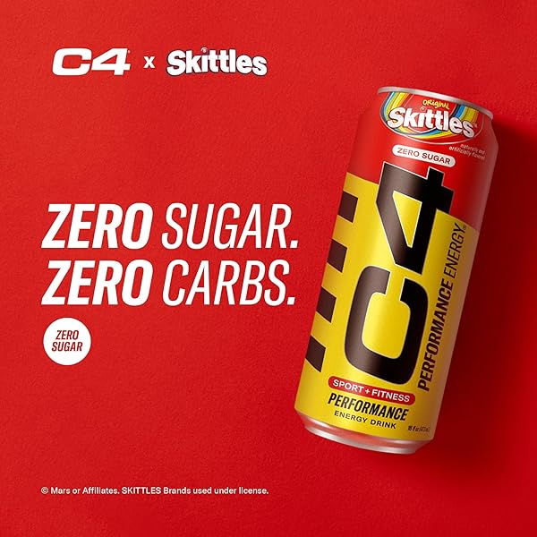 CELLUCOR C4 PERFORMANCE ENERGY DRINK | SKITTLES | ZERO SUGAR CARBONATED PREWORKOUT ENERGY | 200MG CAFFEINE WITH BETA ALANINE | 16 FL OZ (12 PACK)