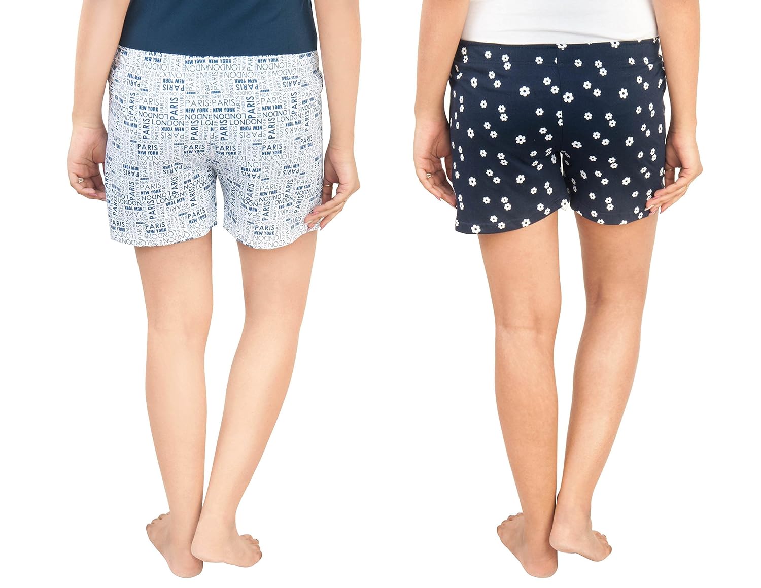 a9- women printed white, navy blue shorts - pack of 2