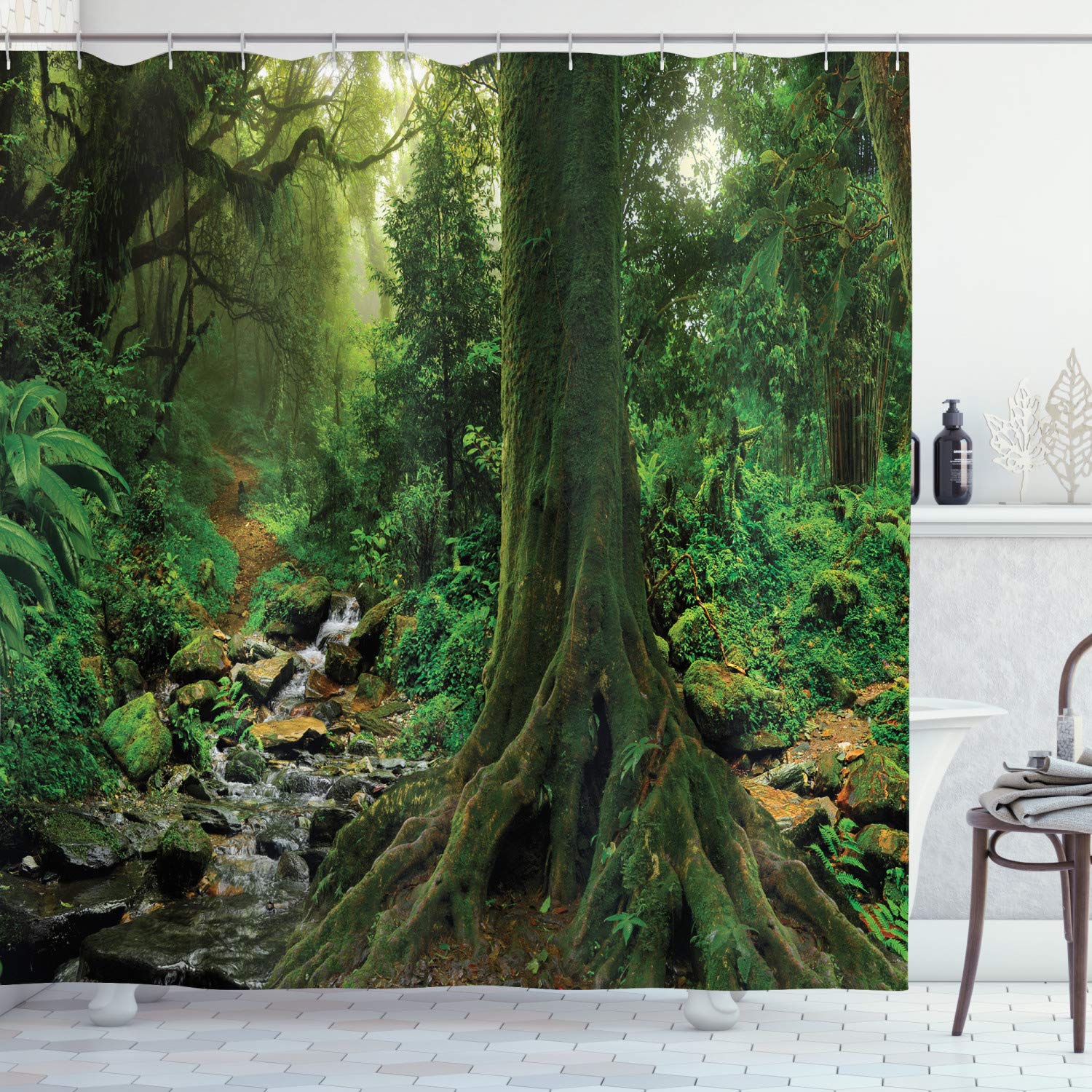 ABAKUHAUS Forest Shower Curtain, Rain Woodland Scenery River in the North Forest in the Early Morning Humid Fog Print, Cloth Fabric Bathroom Decor Set with Hooks, 70 Inches, Green