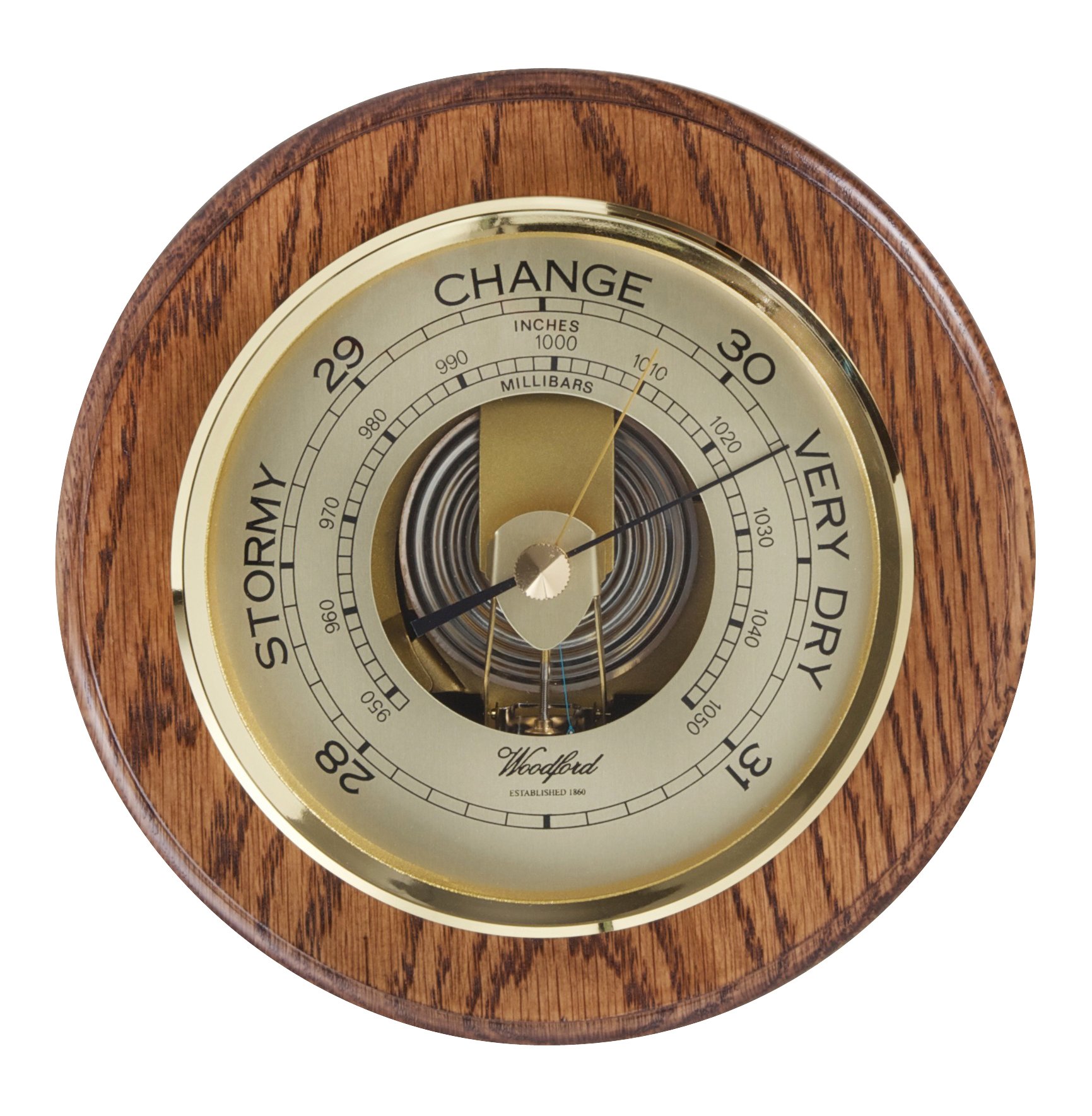 Barometer Traditional Solid Oak Wooden Plaque made by Woodford. Wall Barometer