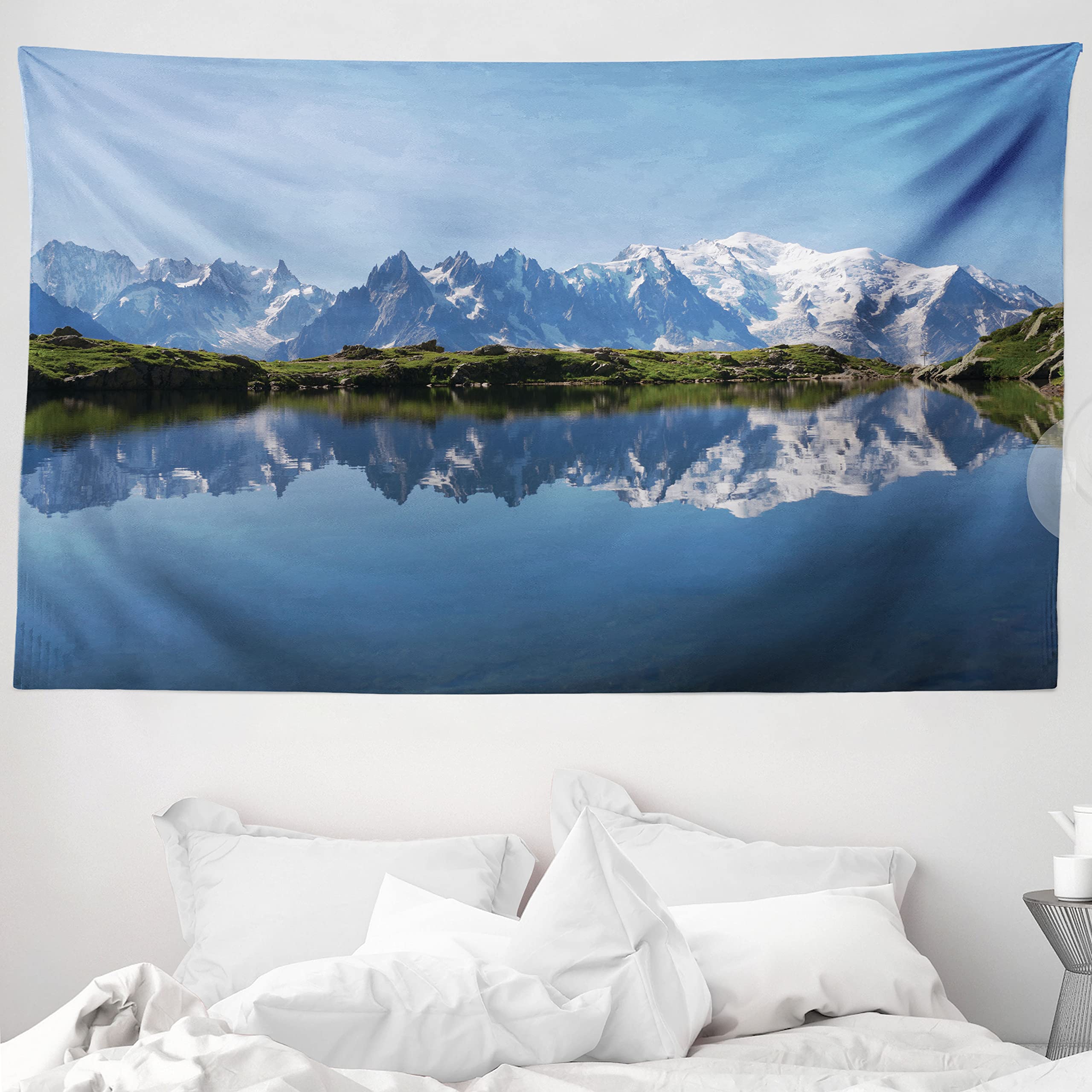 ABAKUHAUS Lake Tapestry, Mountain Range Reflected in Cheserys Lake Alps France Panorama, Fabric Wall Hanging Decor for Bedroom Living Room Dorm, 90 W X 54 L, Pale Blue White Green