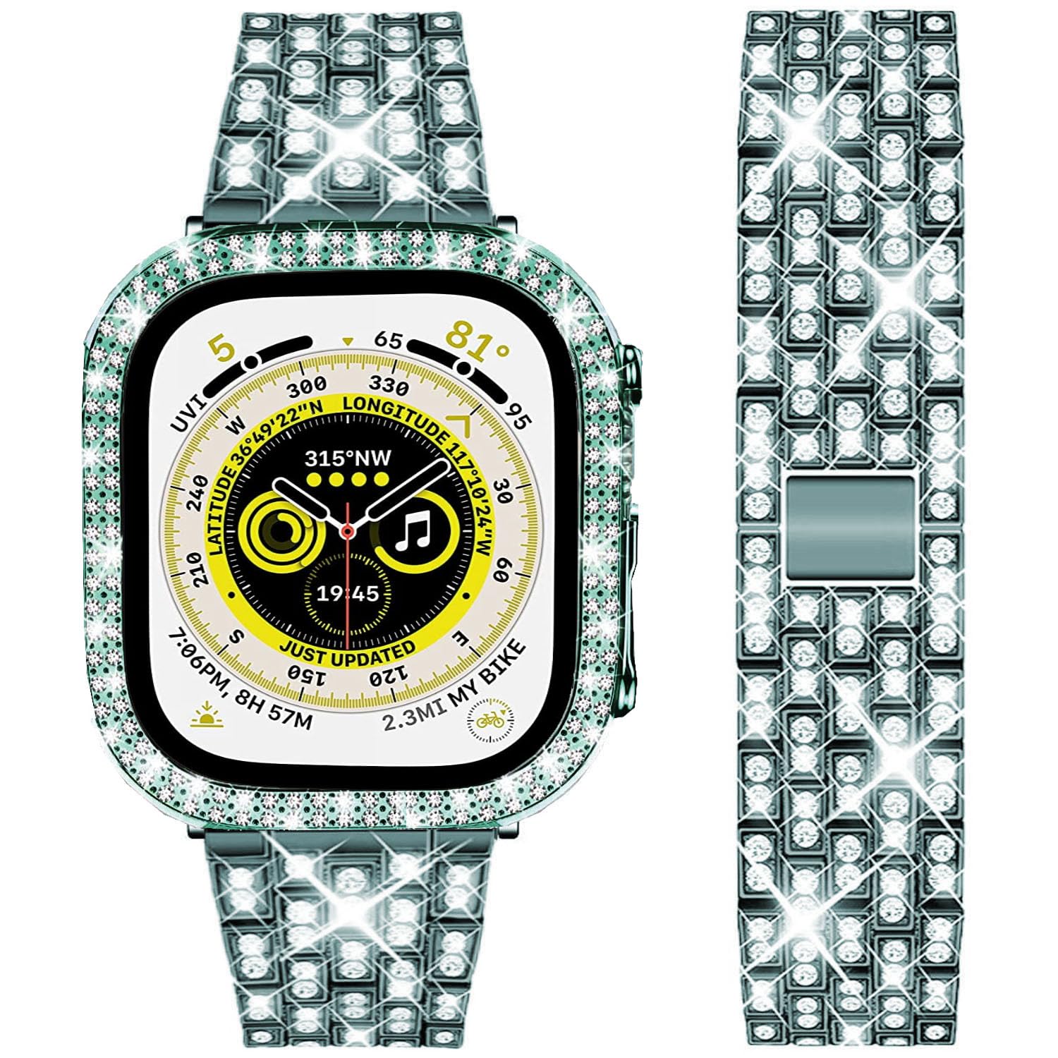 DEALELE Starp and Case Compatible with Apple Watch Ultra 2 / Ultra 49mm, Bling Rhinestone Diamond Metal Bracelet with Protective Case Cover Replacement for iWatch Series 10/9 / 8 Ultra (Green) — image 1