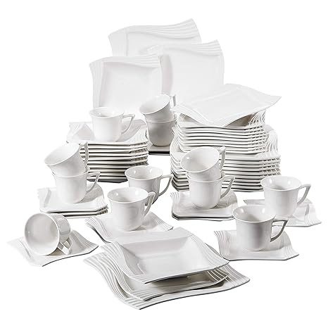 MALACASA, Serie Amparo, 60 TLG. Cremeweiß Porzellan Geschirrset Tafelservice mit Kaffeeservice, Dessertteller, Suppenteller u