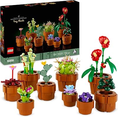 10329 Icons Mini Pflanzen, 9 künstliche Blumen zum Bauen, Botanical Collection Sammel-Set für Erwachsene mit baubarem Terrakotta-Topf, Wohndeko, Geschenk für Frauen und Männer