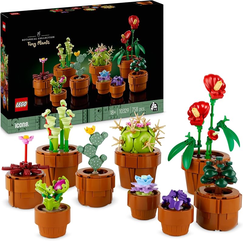 10329 Icons Mini Pflanzen, 9 künstliche Blumen zum Bauen, Botanical Collection Sammel-Set für Erwachsene mit baubarem Terrakotta-Topf, Wohndeko, Geschenk für Frauen und Männer