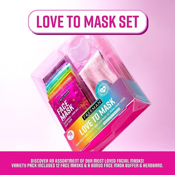 FREEMAN 14 PIECE LOVE TO MASK VARIETY PACK, FACIAL MASKS FOR ALL SKIN TYPES, HYDRATE, DETOXIFY, & CLEAR SKIN, EXFOLIATING SCRUB, BONUS HEADBAND AND SKIN BUFFER, FACE MASKS ARE CRUELTY-FREE & VEGAN
