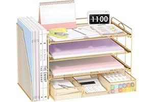 OPNICE File Desk Organizers and Accessories - Paper Letter Tray Organizer with Removable File Holder+ Drawer, Office Desktop Workspace File Organizer for Office Supplies Desk Accessories(Gold)