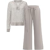 ANRABESS Womens 2 Piece Outfits 2026 Fall Crochet Knit Half Zip Sweater Top Wide Leg Pant Travel Matching Sets Lounge Clothes