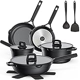 PekGema Nonstick Pots and Pans Set, Non Stick Cookware Set 14 Pcs, Induction Cooking Set with Pour Spouts and Oven Safe for Casserole, PFOA FREE, Classic Black