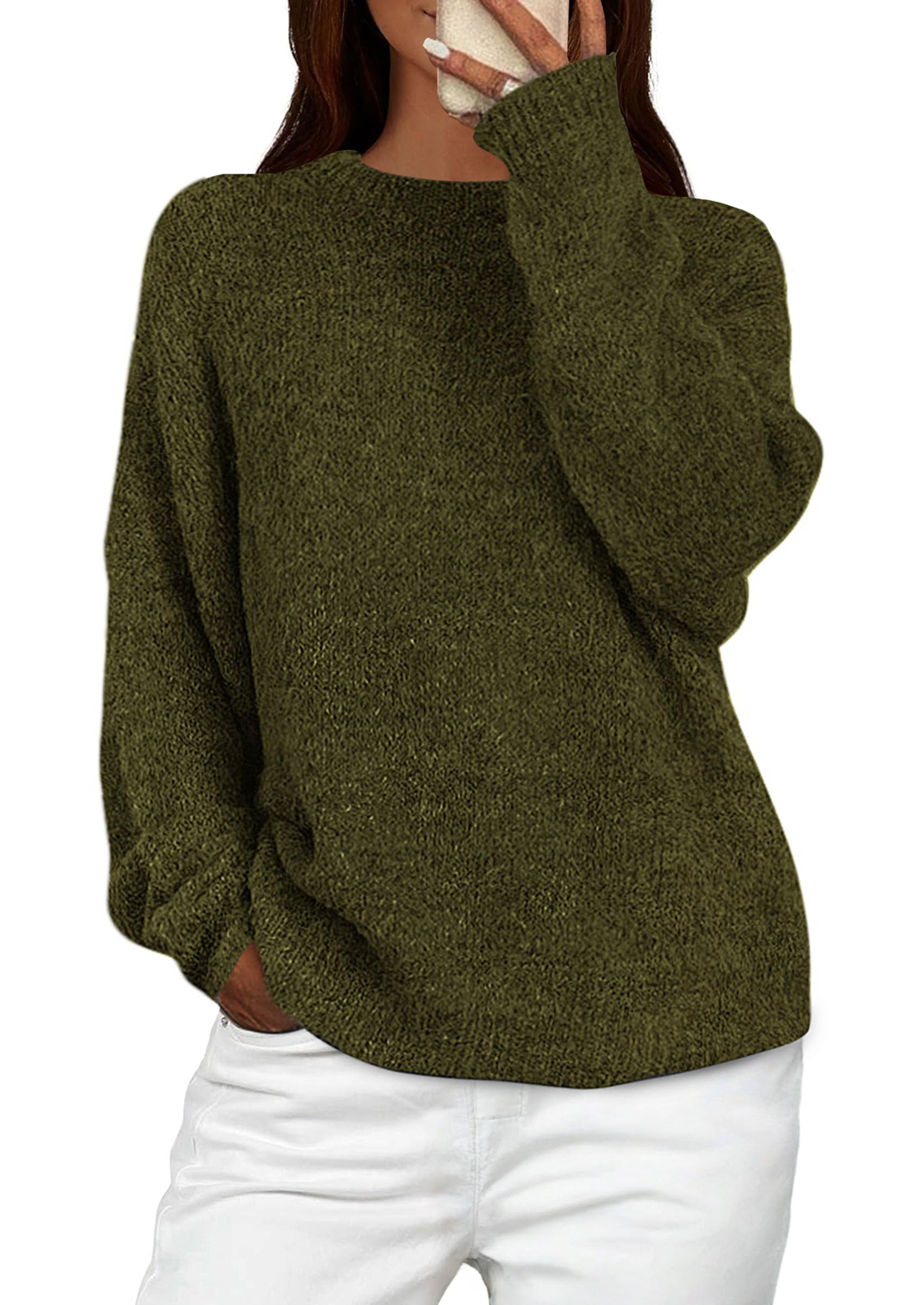 View 1 of PRETTYGARDEN Womens Fall Long Sleeve Sweater Crew Neck Fuzzy Loose Fit Chunky Knit Oversized Pullover Sweaters Going Out Tops (Army Green,Medium)