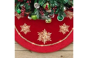 DAVID ROCCO Big Christmas Tree Skirt, 50 inches Luxury Red Gold Tree Skirt with Glistening Snowflake, Large Round Fashion Tree Skirt for Xmas Ornaments and Holiday Decorations