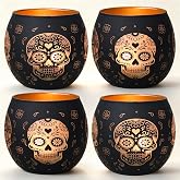 Day of Dead Skull Glass Votive Holders Black Matte Halloween Centerpiece | Votive candle holder made of matte glass features a carved calavera skull detail ideal for halloween party table decor