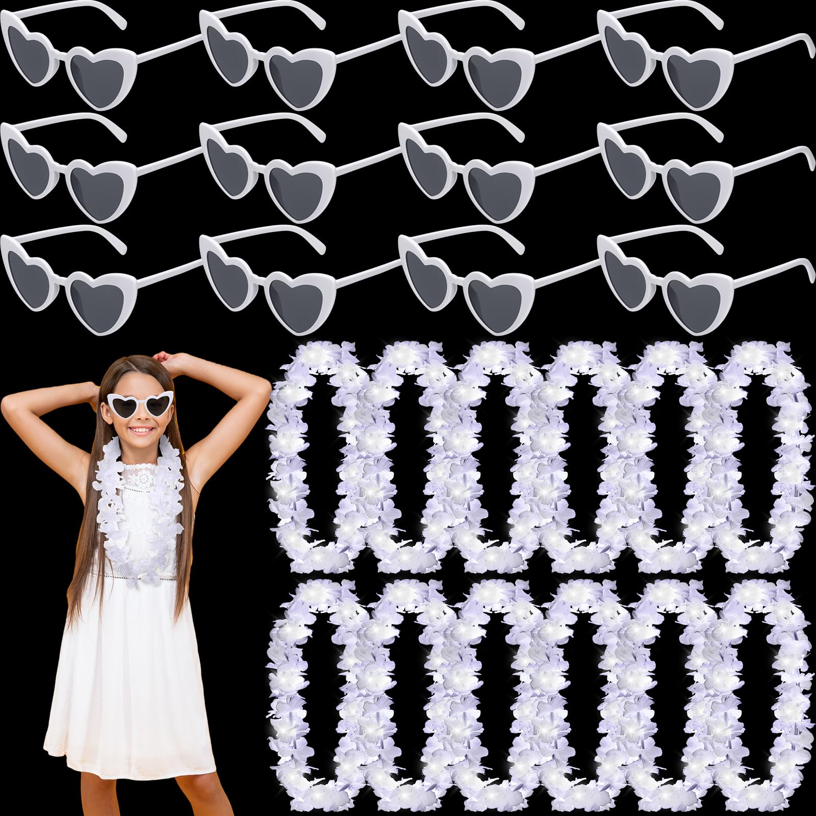 Photo 1 of Crowye 24 Pcs White LED Hawaiian Leis 12 Light up Flower Leis Necklace 12 Sunglasses Wedding Tropical Beach Party Supplies(Elegant)