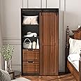 71 inch Tall Bedroom Armoire Wardrobe Closet Clothing Storage Cabinet with Hanging Rod Barn Door Drawers Open Shelves (Brown)