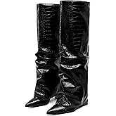 Synchoiss Womens Knee High Boots Wide Calf Chunky High Heel Boots Fashion Fold Over Boot Pointed Toe Winter Fall Tall Boots for Women Pull on Trendy