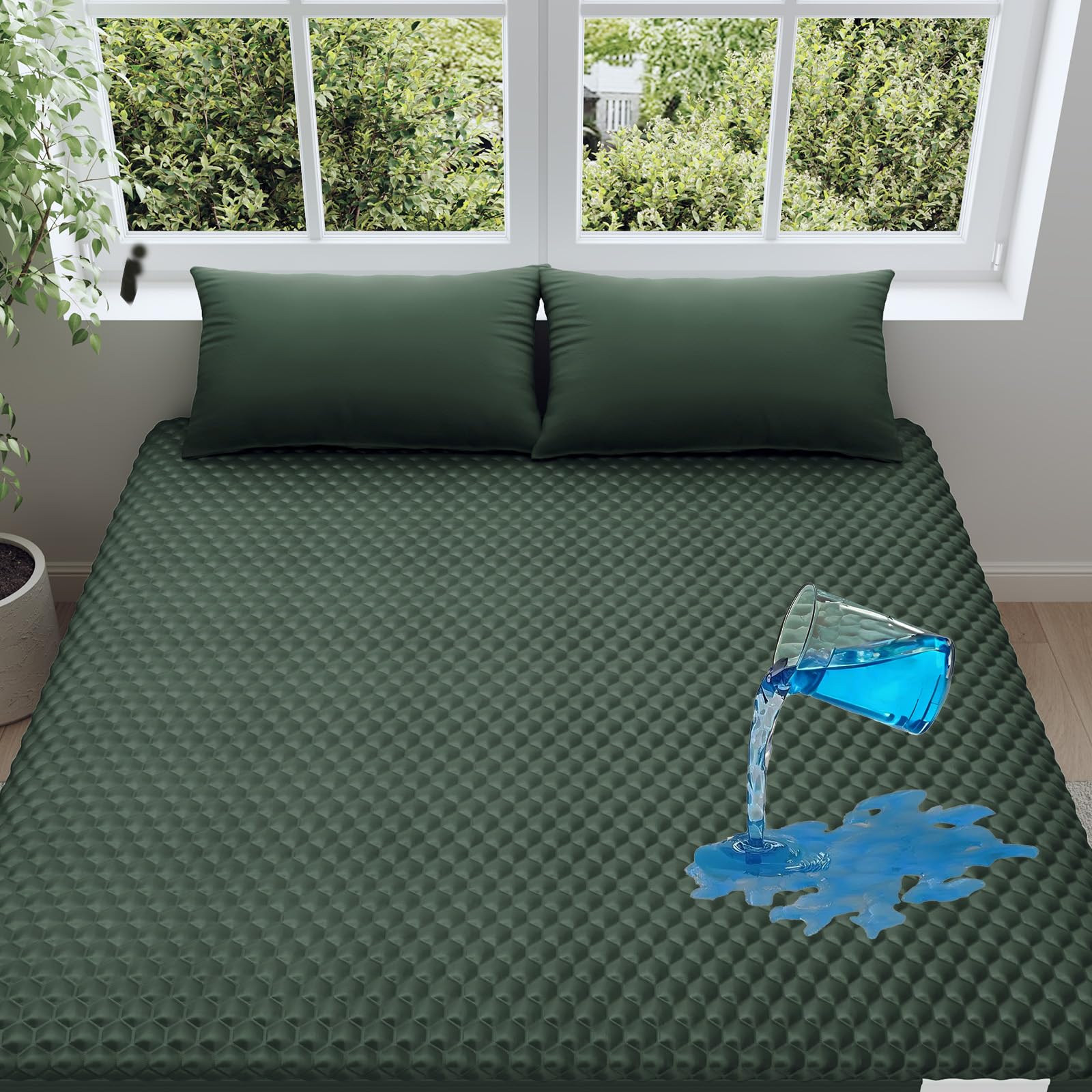 OhGeni 100% Waterproof Mattress Protector,Queen Size Mattress Soft Pad,Hair & Bedwetting Resistant,Cooling Breathable Fitted Sheets,Washable Bed Cover,Non-Slip Deep Pocket,Noiseless for Bedroom,Green Image