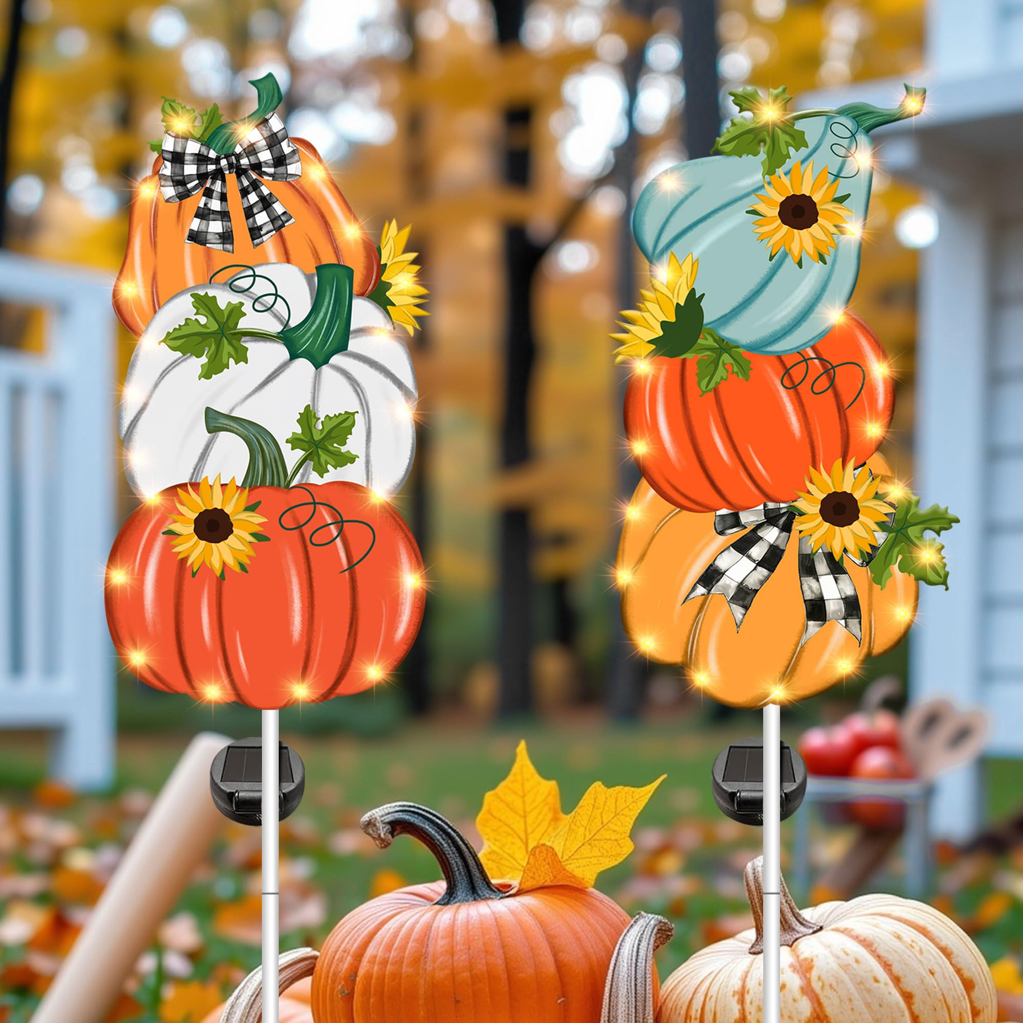 Photo 1 of Hexagram Fall Decorations Outdoor for Home, Metal Fall Yard Stakes Set of 2, Autumn Outdoor Decor Solar Pumpkin Garden Stakes Lights, Autumn Yard Signs for Outside Garden Lawn Porch Patio Pathway