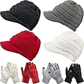 Kenning 4 Sets Winter Hats Gloves for Women Knit Beanie Women Touchscreen Glove Warm Brim Hat Warm Fleece Lined Knit Gloves Snow Ski Winter Beanie with Brim
