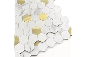 M MOFIT MOFIT Hexagon Peel and Stick Backsplash Tiles Kitchen,Self-Adhesive Metal and Marble Honeycomb Peel and Stick Wall Tiles Sticker Mosaic Heat Resistant(White Gold,10sheets)