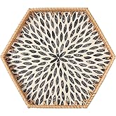 Tynulox Hexagon Rattan Tray with Mother of Pearl Inlay, Rattan Serving Tray for Coffee, Bread, Fruits, Snacks, Decorative Wicker Tray for Table Decor, Home Decor (Dark Blue Leaves, 14.5"×12.8")