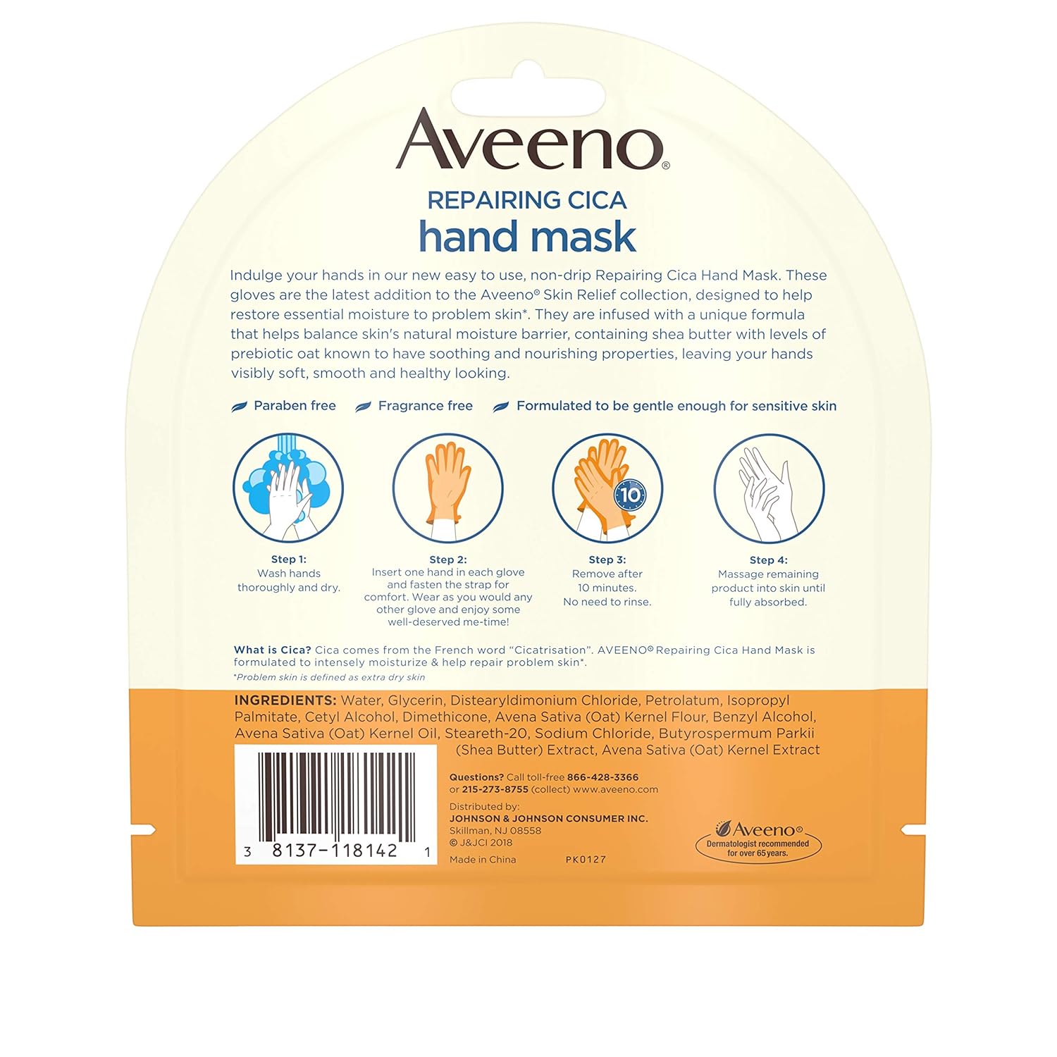 Aveeno Repairing CICA Hand Mask with Prebiotic Oat and Shea Butter for Extra Dry Skin, Paraben-Free and Fragrance-Free, 1 Pair of Single-Use Gloves (Pack of 5) : Beauty