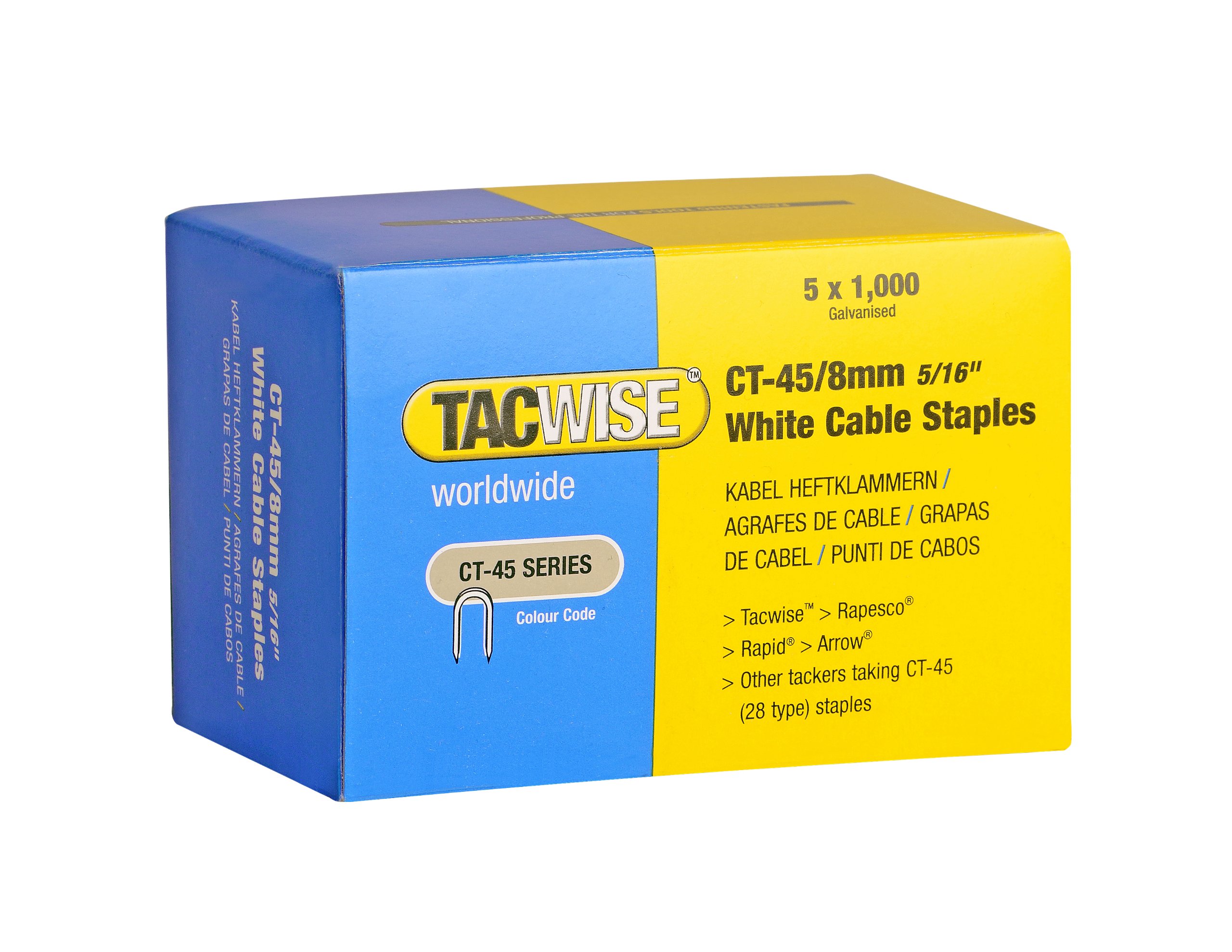 Tacwise 0980 Type CT-45 / 8 mm Galvanised Steel White Cable Staples, Divergent Point, Pack of 5000