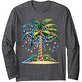 Funny Vintage Christmas Lights Palm Tree Print Men Women Long Sleeve T-Shirt