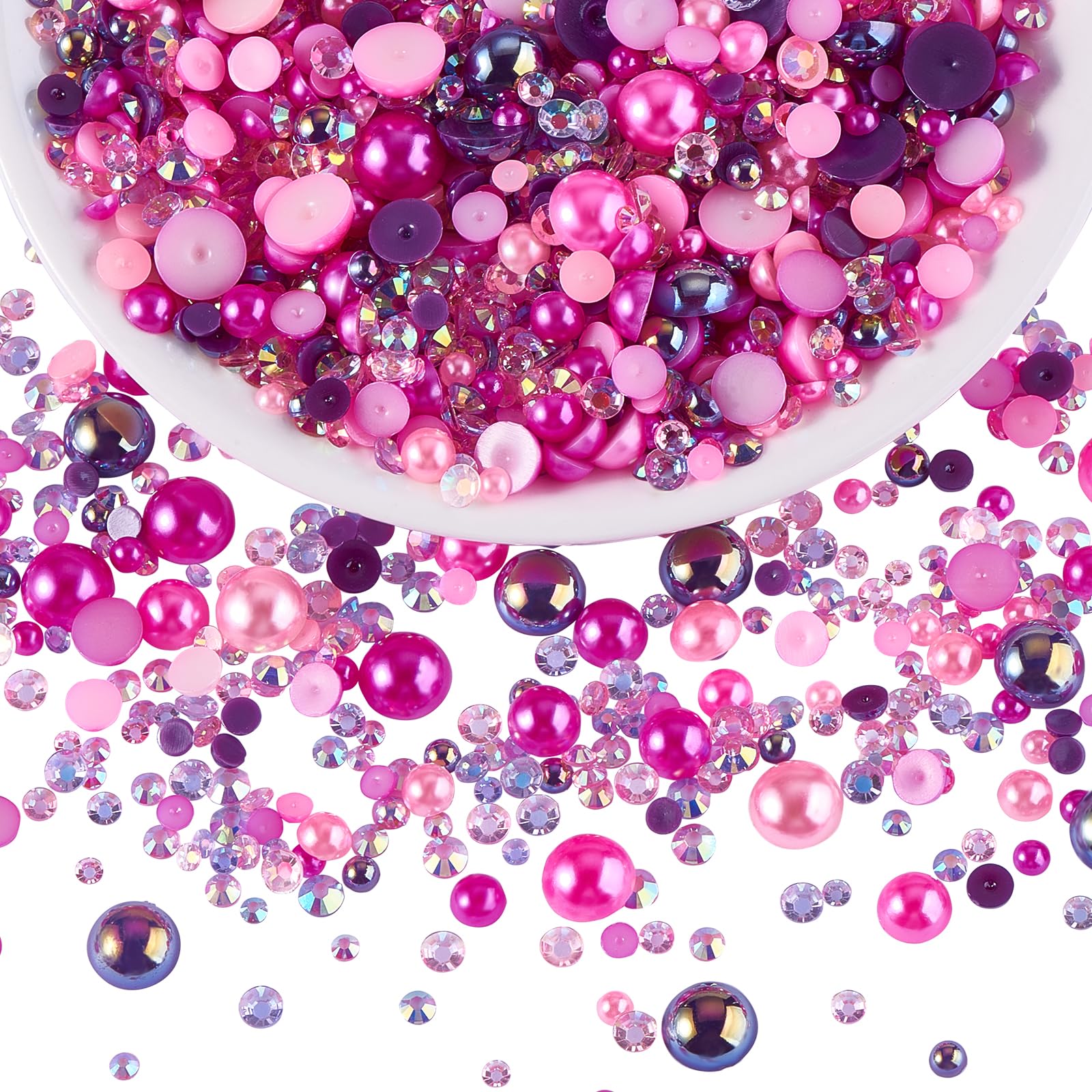 BEEFLYING 60g Mix Flatback Pearls & Resin Rhinestones Half Round Pearl Beads for Crafts 3mm-10mm Half Pearl Rhinestone for Face Art Tumblers Bottles Clothes Gift Card Jewelry Decor(Rose Red)