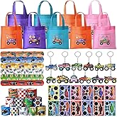 KELENO Monster Truck Party Favors Car Game Birthday Supplies, Non-woven Gift Bags Keychains Slap Bracelets DIY Stickers, Kid Boy Wheels Toy Goodie Bag Stuffer Monster Truck Birthday Decorations