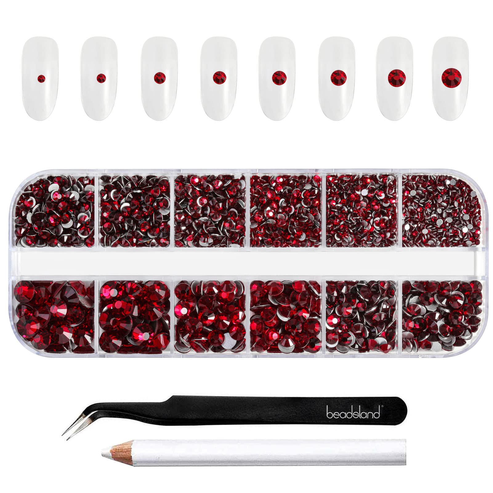 Beadsland Rhinestones for Makeup,8 Sizes 2500pcs Dark Red Flatback Rhinestones Face Gems for Nails Crafts with Tweezers and Wax Pencil,Dark Siam,SS4-SS30 — image 1