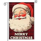 HOMETITUTE Merry Christmas Garden Flag 12x18 Inch Welcome Garden Flags Burlap Double-Sided Santa Claus Red Plaid Background Seasonal Outdoor Holiday Banner Winter Flag for Yard Lawn Decoration