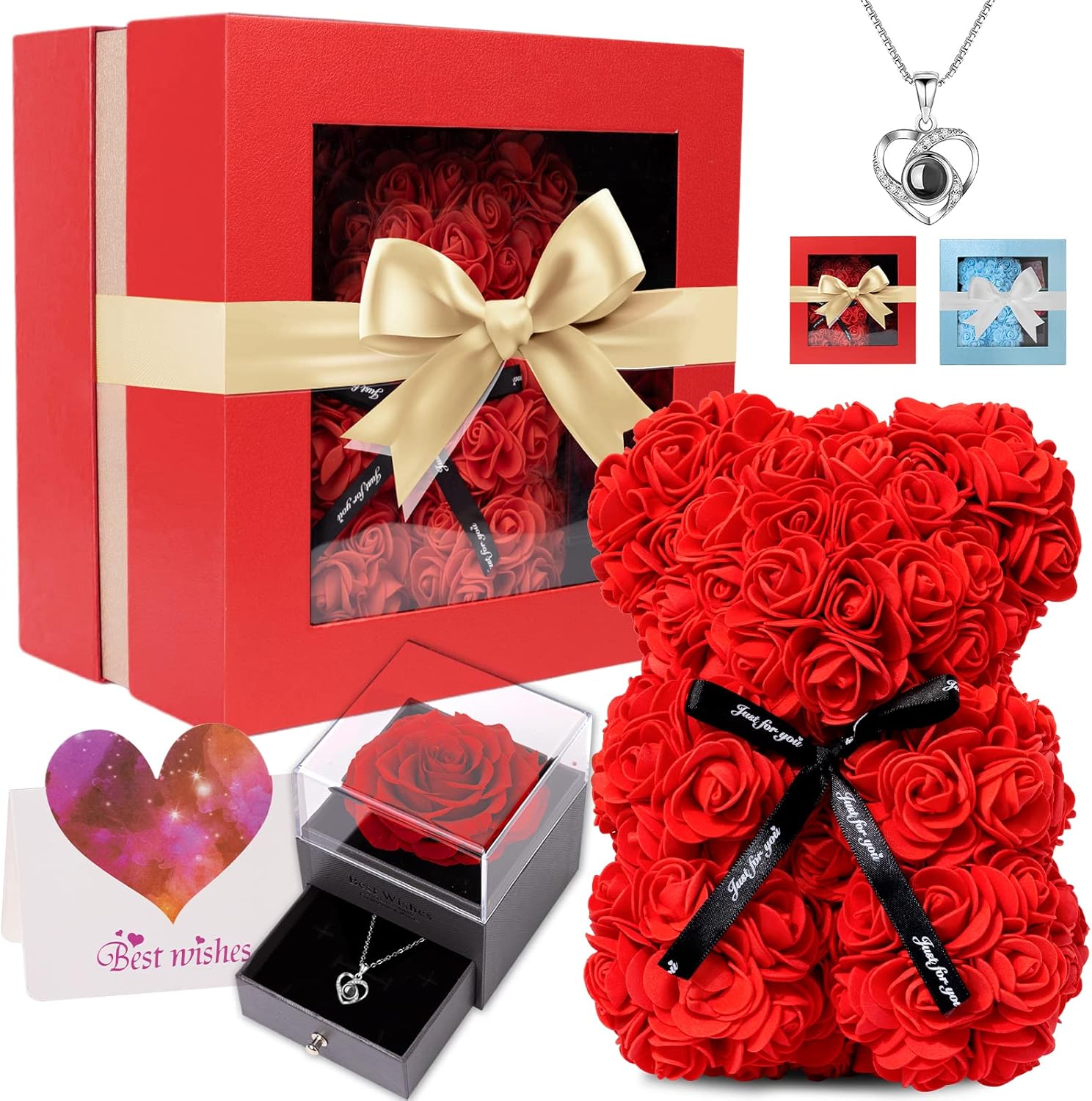 Dried & Preserved Flora - Jeekfrose Preserved Rose Bear Birthday Gifts for Mom Woman - Mothers Day for Best Mother Wife Including I Love You 100 Languages and Greeting Card, for Anniversary Valentines Day