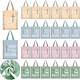 Shinylin 24 Pcs Christian Gift Bible Tote Bags for Women Religious Gift Small Bags Bulk 4 Colors Floral Christian Canvas Tote Religious Reusable Bible Verse Book