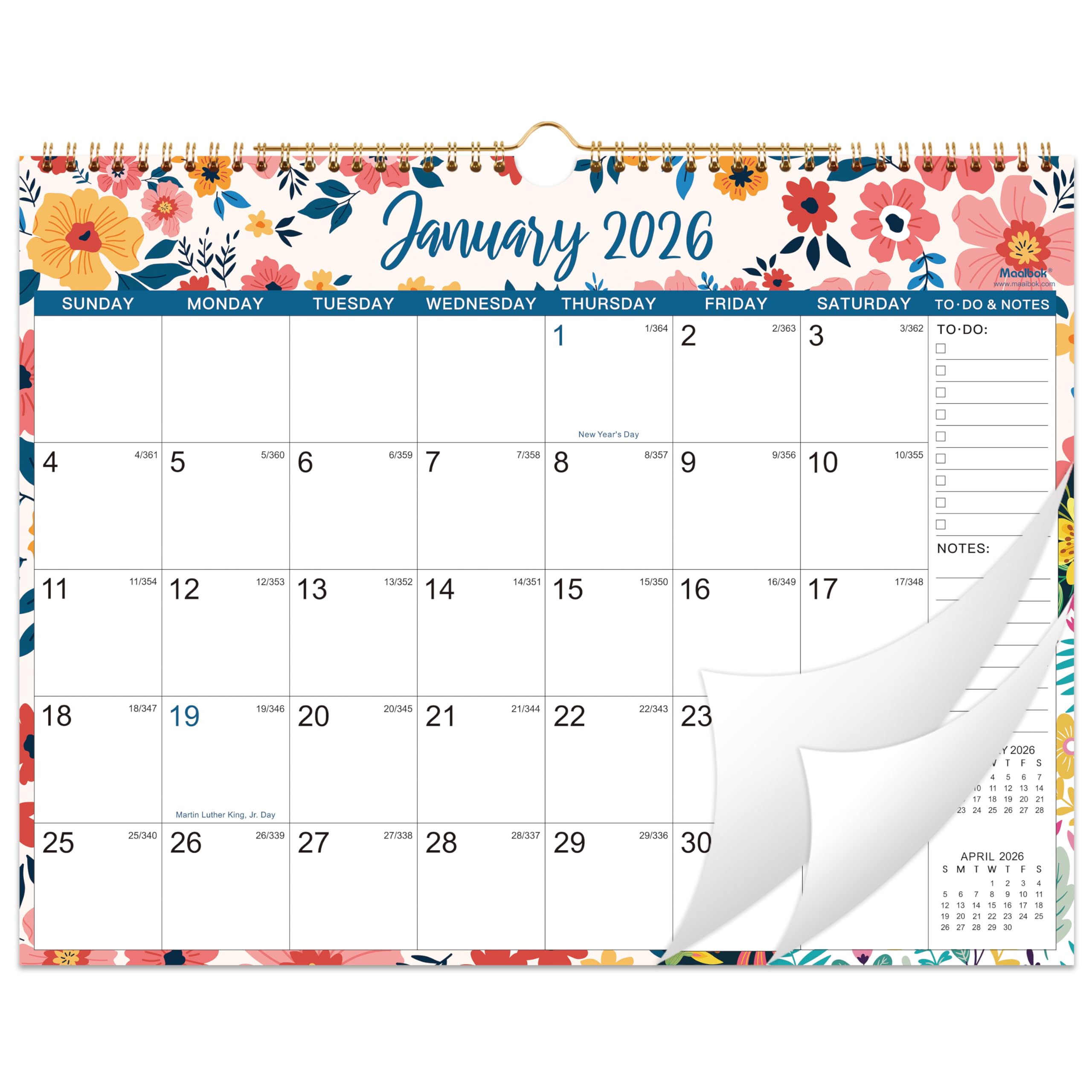 Photo 1 of 2026 Wall Calendar - Jan 2026 - Dec 2026, 12 Months Hanging Monthly Calendar 2026, 14.8" x 11.57", Twin-Wire Binding, Julian Dates, Large Block, Notes, To-do List, Thick Paper, Perfect for Organizing