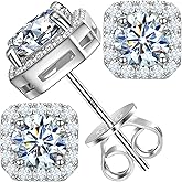 Moissanite Halo Earrings Square 18k Gold Plated 0.56-2.4CT 6-10mm D Color VVS1 Clarity Moissanite Stud Earrings For Women Men Square Stud Earrings 925 Sterling Silver Hypoallergenic Earrings